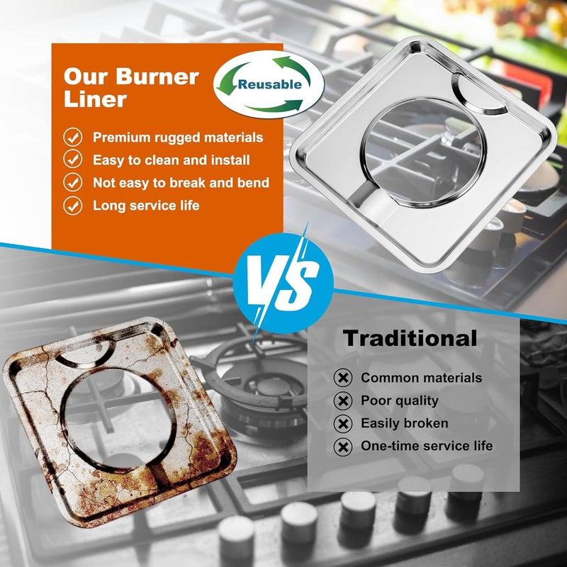 Fetechmate Upgrade SGP-400 Heavy Duty Square Gas Range Drip Pans 7.75" Silver Chrome Square Gas Range Drip Pans Replacement for WP786333, AP6011553, PS11744751-4 Pack, Silver - Image 5